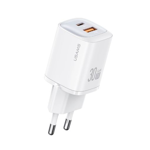 USAMS CC254 30W Dual Port GaN Fast Charger, EU Plug (White) - 1