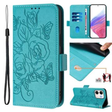 OPPO A5x 5G/4G Embossed Rose RFID Leather Case - Light Blue - 1