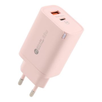65W QC3.0 USB & USB-C PD Quick Charger, EU Plug (Pink) - 1