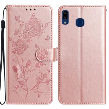 Samsung Galaxy A20e Rose Gold Embossed Flower Leather Case - 1