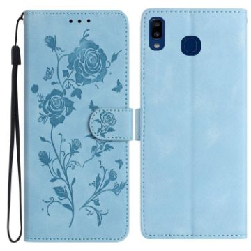 Samsung Galaxy A20e Leather Case Rose Embossed Sky Blue - 1
