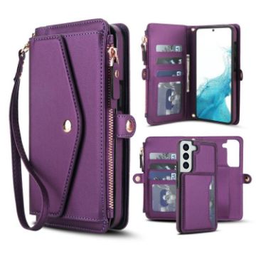 Galaxy S22 5G Wallet Detachable Leather Case with Lanyard, Dark Purple - 1