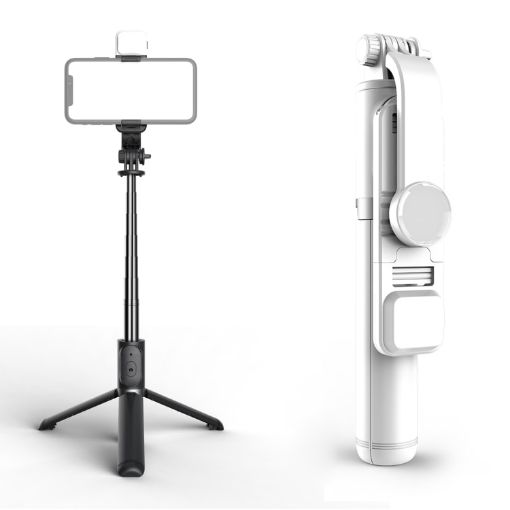 Q02S White Bluetooth Selfie Stick Tripod with Fill Light Holder - 1