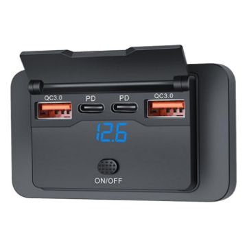 Car Charger 4-Port with Voltmeter & Switch (Black) - 1