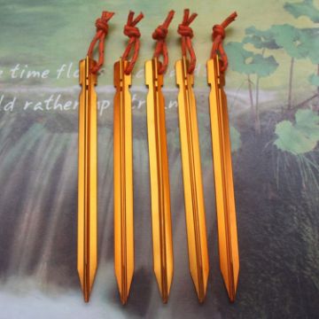 Aluminium Tent Pegs with Rope, 5 Pack, 18cm, Yellow - 1