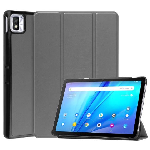 TCL Tab 10s Grey Leather Case with Three-Fold Holder Design - 1