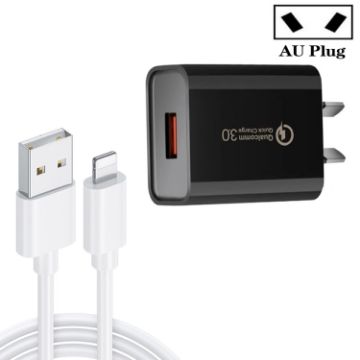 CA-25 QC3.0 USB Fast Charger 3A with 8 Pin Cable, AU Plug (Black) - 1