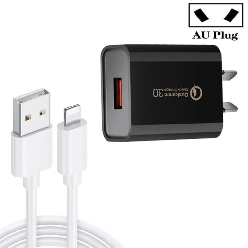CA-25 QC3.0 USB Fast Charger 3A with 8 Pin Cable, AU Plug (Black) - 1