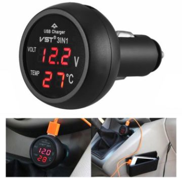 3 In 1 Car USB Charger & Voltage Display Cigarette Lighter (Red) - 1