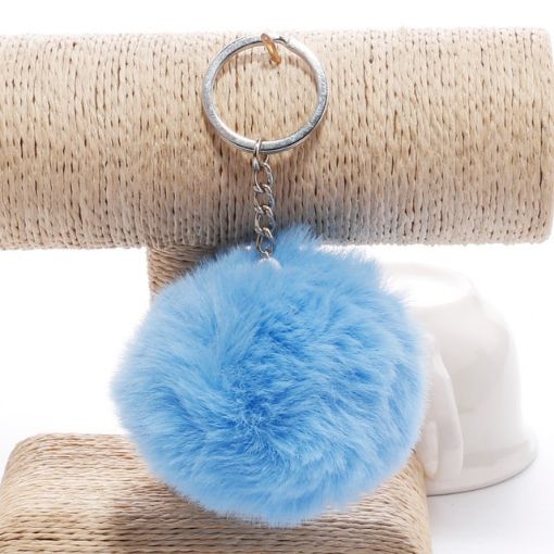 Blue Pompon Keychain - Artificial Rabbit Fur Ball Key Ring - 1