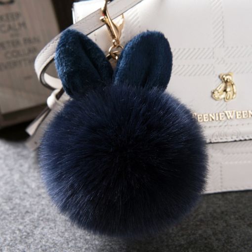 Dark Blue Fake Rabbit Fur Pom Keychain Ball - 1