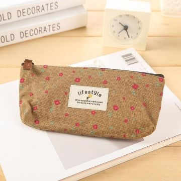Floral Canvas Zipper Pencil Case - Coffee Flower Design - 1
