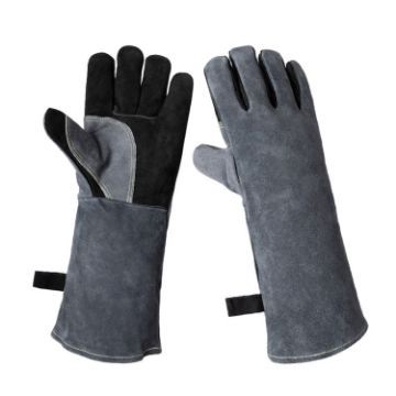 Cowhide BBQ Gloves 16" Anti-hot Welding Protection Gray Black A2415 - 1