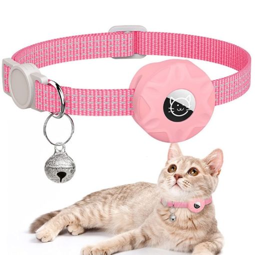 Reflective Pink Pet Collar with Bell & AirTag Silicone Case - 1