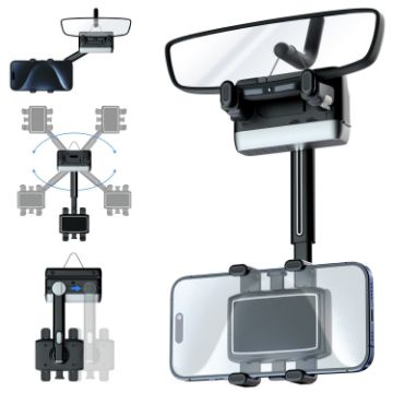 360 Rotating Car Rearview Mirror Phone Holder - Black - 1