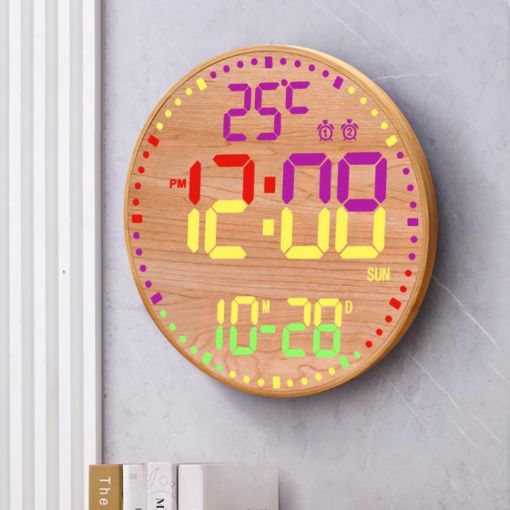 11.6" RGB Wall Clock, Remote-Controlled, Multi-Functional, Bamboo - 1