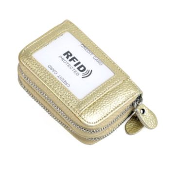 Gold Genuine Leather RFID Blocking Card Holder Wallet, Dual Zipper, 10.5x7x4cm - 1
