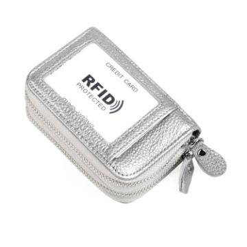 Silver Genuine Leather RFID Blocking Card Holder Wallet, Dual Zipper, 10.5x7x4cm - 1