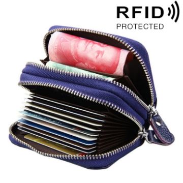 Genuine Leather RFID Blocking Card Holder Wallet, Dark Blue, 10.5x7x4cm - 1