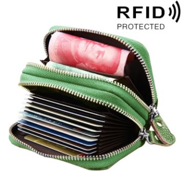 Genuine Leather RFID Blocking Zipper Card Holder Wallet, Green, 10.5x7x4cm - 1