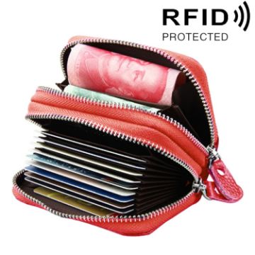 Red Genuine Leather Card Holder Wallet - RFID Blocking, Dual Zipper, 10.5x7x4cm - 1