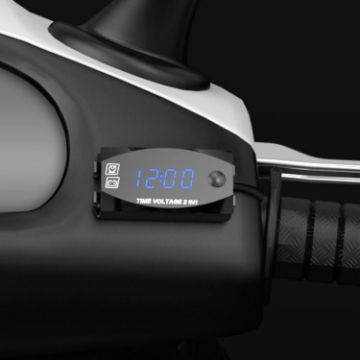 2 in 1 Motorcycle Voltmeter + Clock, Digital Display, 6-30V, IP67, Blue - 1