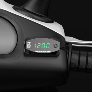 2 in 1 Motorcycle Voltmeter + Clock, Digital Display, 6-30V, IP67, Green - 1