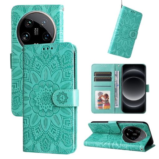 Xiaomi 14 Ultra Green Sunflower Embossed Leather Phone Case - 1