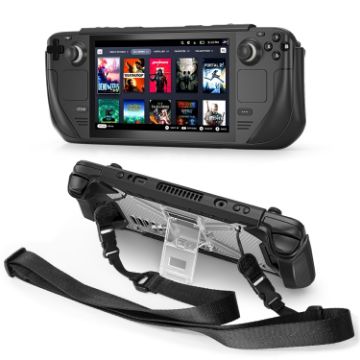 Shockproof Game Console Case for Steam Deck with Holder & Strap (Black+Transparent) - 1