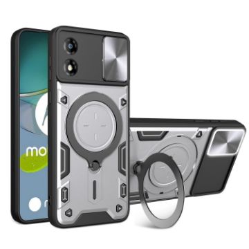 Moto E13 CD Texture Camshield Magnetic Holder Case - Silver - 1