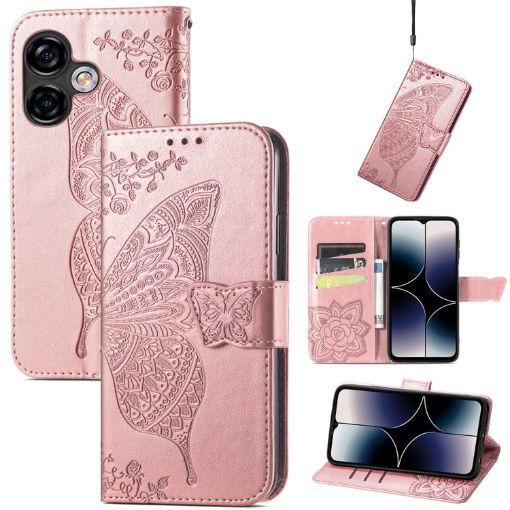 Ulefone Note 16 Pro Rose Gold Embossed Leather Phone Case Butterfly Flower - 1