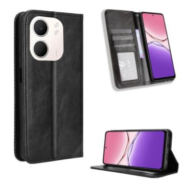 OPPO A5x 4G/5G Global Magnetic Buckle Leather Case - Black Retro Texture - 1
