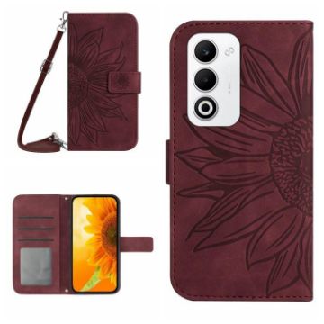 OPPO A5 5G Sun Flower Embossed Flip Leather Case with Lanyard Red - 1