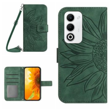 OPPO A5 5G Green Sun Flower Embossed Flip Leather Case with Lanyard - 1