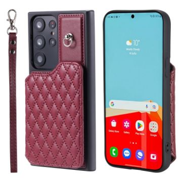 Samsung Galaxy S23 Ultra 5G Red Grid Texture Card Bag Case with Lanyard - 1