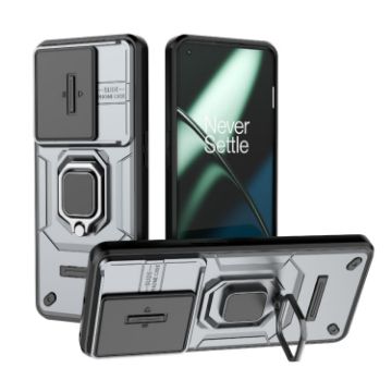 OnePlus 11 5G Grey Shockproof Case with Holder - Sliding Camshield TPU+PC - 1