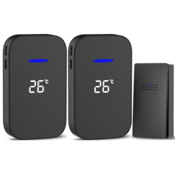 Wireless Doorbell & Elderly Pager with Temp Display, EU Plug - Black - 1