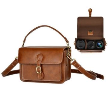 Cwatcun D80 Retro Brown Faux Leather Camera Shoulder Bag 25.5x18.5x12.5cm - 1