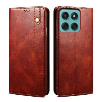 Motorola Moto G86 5G Brown Leather Phone Case - Oil Wax Crazy Horse Texture - 1