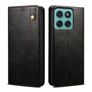 Motorola Moto G56 5G Leather Phone Case - Black Oil Wax Texture - 1