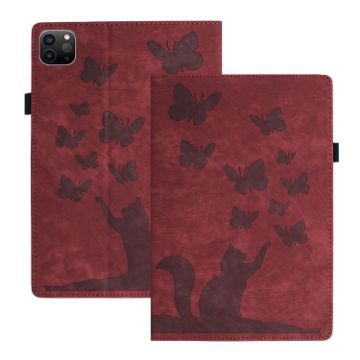 iPad Pro 13 2024 Red Butterfly Cat Embossed Leather Tablet Case - 1