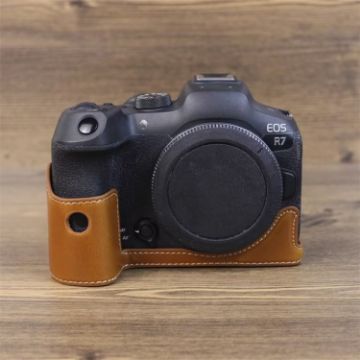 Canon EOS R7 PU Leather Camera Half Case Base, 1/4" Thread, Brown - 1