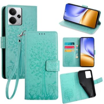 Realme 14 5G Green Leather Phone Case - Tree & Deer Embossed Design - 1