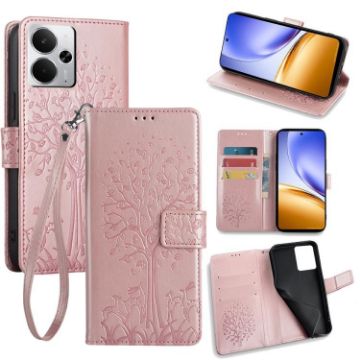 Realme 14 5G Rose Gold Tree & Deer Embossed Leather Phone Case - 1