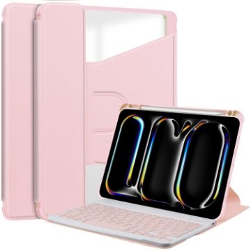 iPad Pro 13 2024 Pink Transparent Rotation Leather Case with Keyboard - 1
