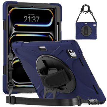 iPad Pro 13 2024 Rotatable Holder Silicone PC Case w/ Strap - Navy Blue - 1