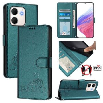 OPPO A5x 4G/5G Cat Rat Embossed RFID Leather Case with Lanyard Green - 1