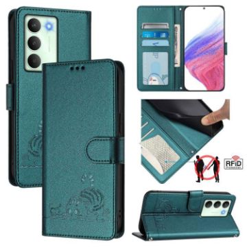 Realme V70/14x/C75 5G Cat Rat Embossed RFID Leather Case - Peacock Green - 1
