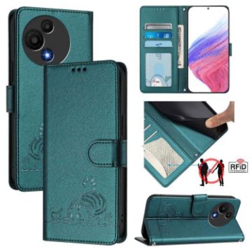 TCL 60 SE NxtPaper/605 Cat Rat Embossed RFID Leather Case - Peacock Green - 1
