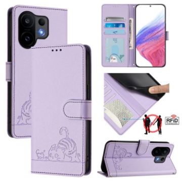 Vivo S30 Cat Rat Embossed RFID Leather Phone Case with Lanyard Purple - 1